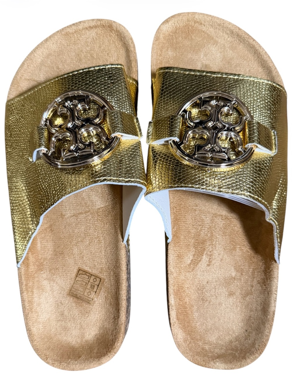 Designer Inspired Metallic Gold Slides With Logo. Gold. Size 8-1/2.